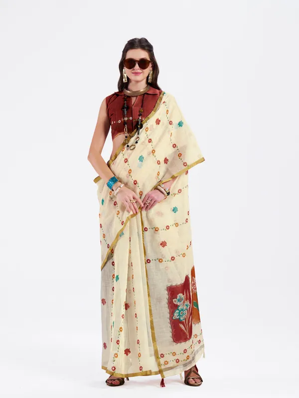 Digital_Print_Cotton_Linen_Saree_With_Unstitched_Blouse_Piece