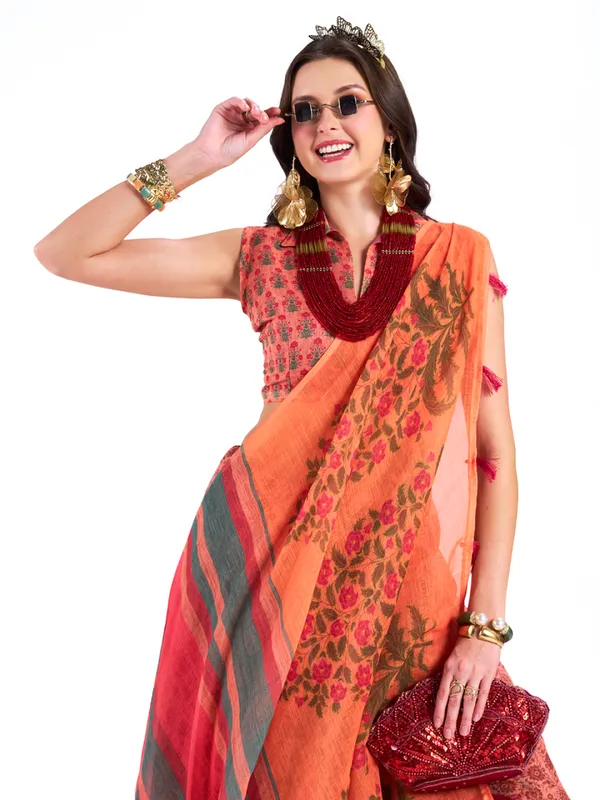 Digital_Print_Cotton_Linen_Saree_With_Unstitched_Blouse_Piece