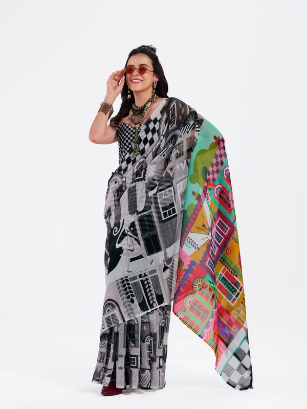 Digital_Print_Cotton_Linen_Saree_With_Unstitched_Blouse_Piece