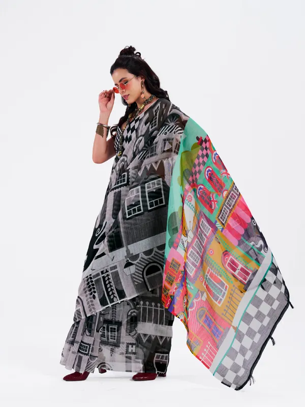 Digital_Print_Cotton_Linen_Saree_With_Unstitched_Blouse_Piece