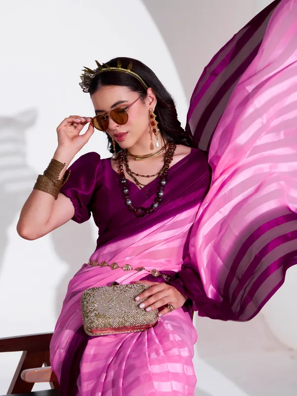 Women's_Stylish_Plain_Satin_Striped_Georgette_Saree_With_Unstitched_Piece
