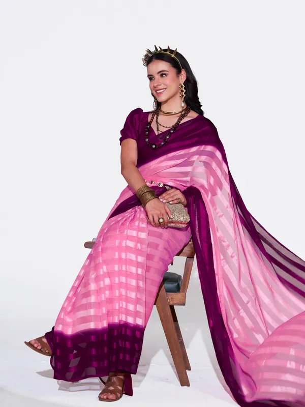 Women's_Stylish_Plain_Satin_Striped_Georgette_Saree_With_Unstitched_Piece
