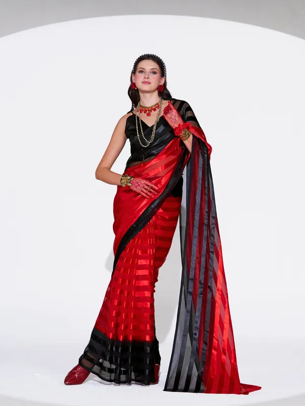 Women's_Stylish_Plain_Satin_Striped_Georgette_Saree_With_Unstitched_Piece
