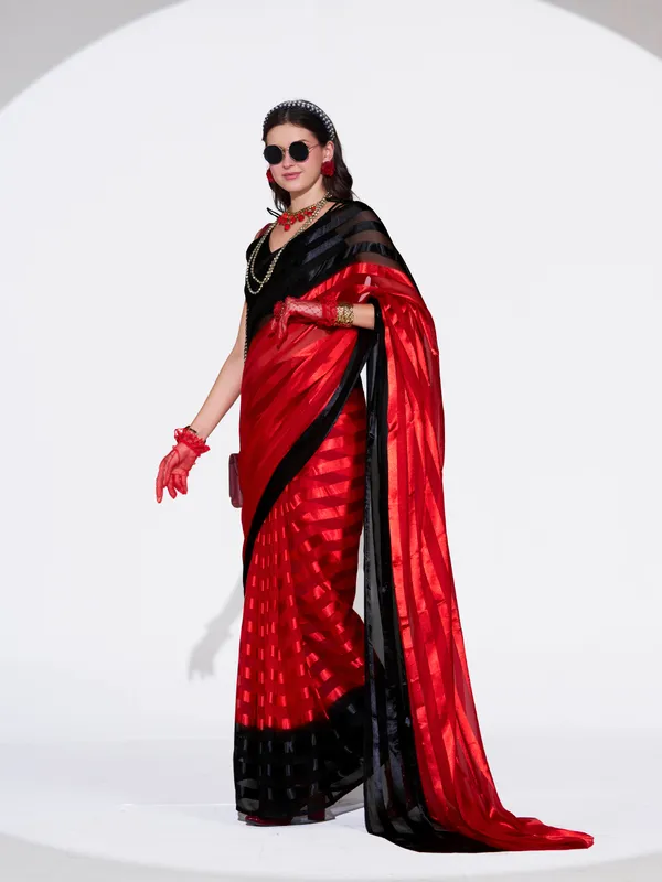 Women's_Stylish_Plain_Satin_Striped_Georgette_Saree_With_Unstitched_Piece