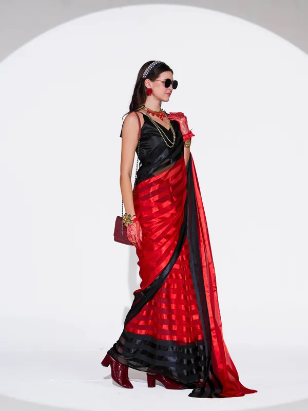 Women's_Stylish_Plain_Satin_Striped_Georgette_Saree_With_Unstitched_Piece