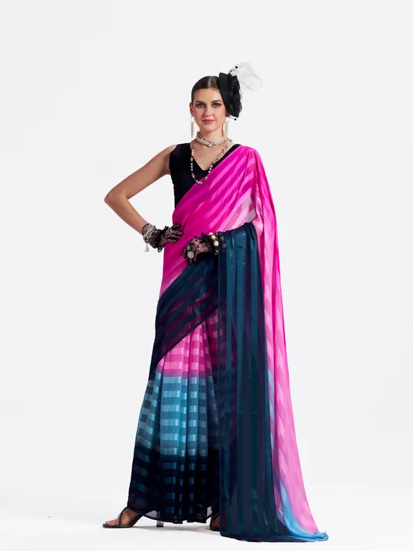 Women's_Stylish_Plain_Satin_Striped_Georgette_Saree_With_Unstitched_Piece