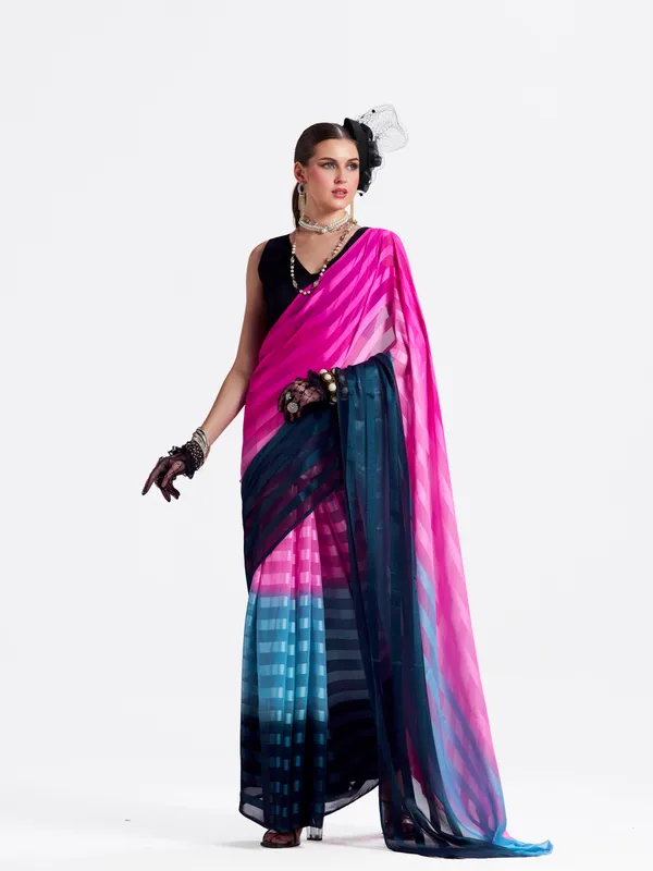 Women's_Stylish_Plain_Satin_Striped_Georgette_Saree_With_Unstitched_Piece