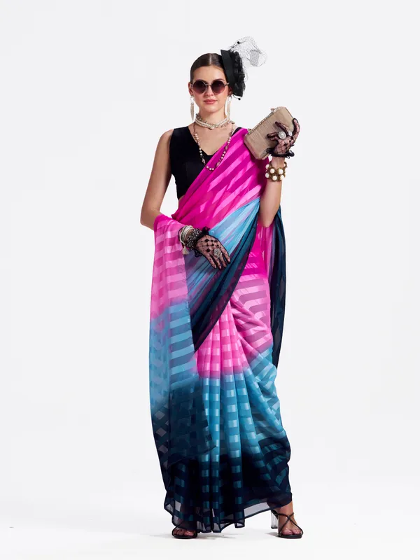 Women's_Stylish_Plain_Satin_Striped_Georgette_Saree_With_Unstitched_Piece