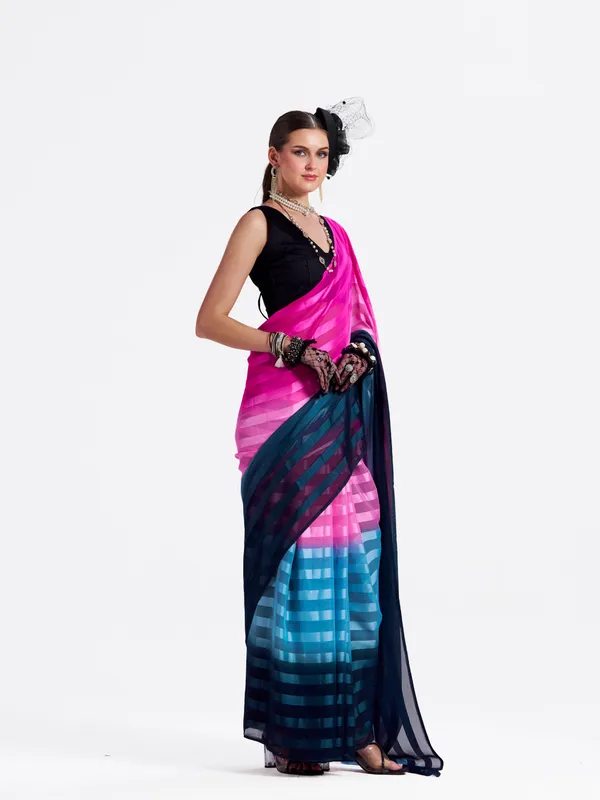Women's_Stylish_Plain_Satin_Striped_Georgette_Saree_With_Unstitched_Piece