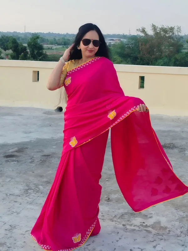 Women's_Designer_Chinon_Silk_Butterfly_Patch_Work_with_Diamond_Lace_Saree_&_Unstitched_Blouse_Piece