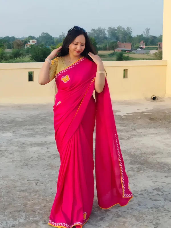 Women's_Designer_Chinon_Silk_Butterfly_Patch_Work_with_Diamond_Lace_Saree_&_Unstitched_Blouse_Piece