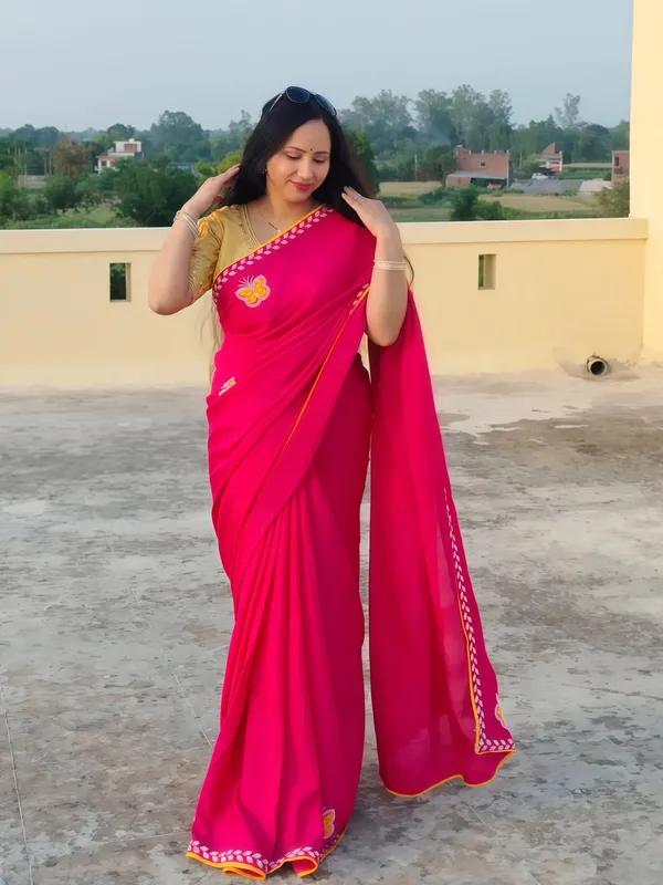 Women's_Designer_Chinon_Silk_Butterfly_Patch_Work_with_Diamond_Lace_Saree_&_Unstitched_Blouse_Piece