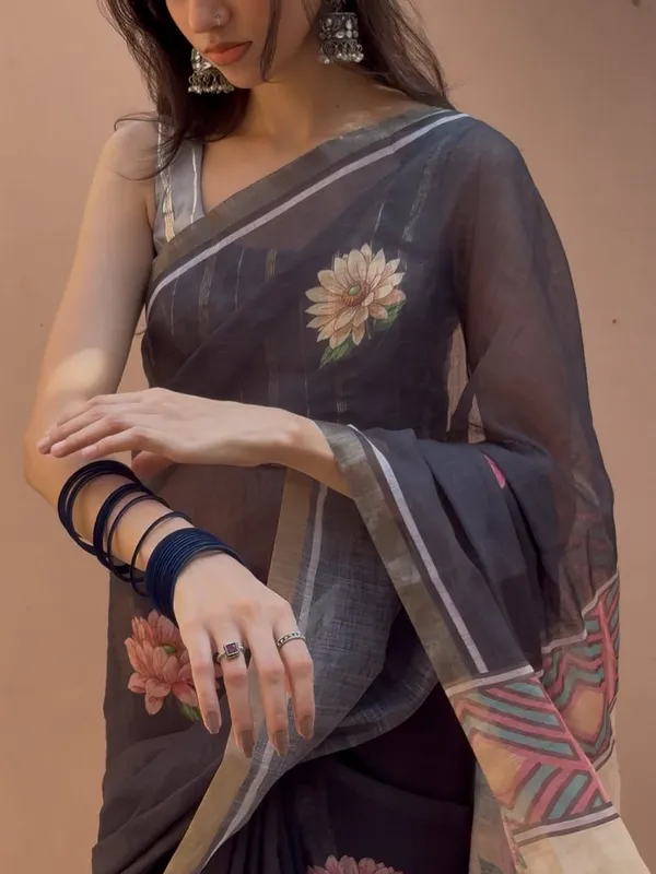 Women's_Printed_Cotton_Linen_Saree_With_Unstitched_Blouse_Piece
