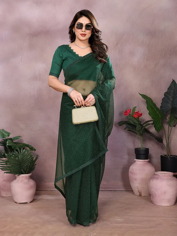 Net_Fabric_Lace_Border_Saree_With_Unstitched_Blouse_Piece_(Dark_Green)