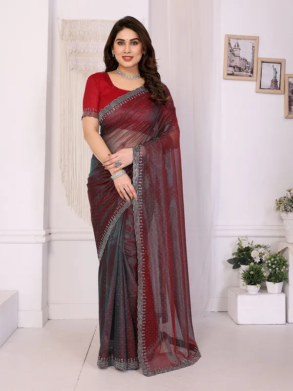 Shining_Net_Fabric_Diamond_Lace_Border_Saree_With_Unstitched_Blouse_Piece_(Red)