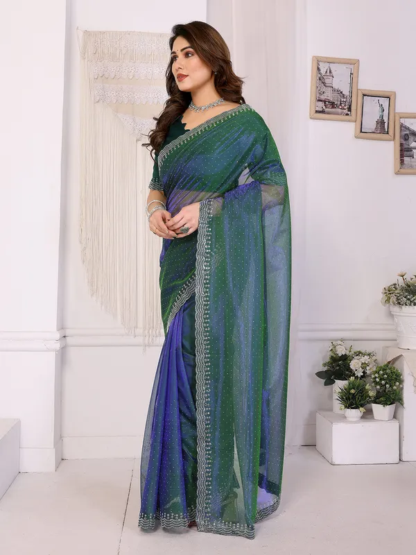 Shining_Net_Fabric_Diamond_Lace_Border_Saree_With_Unstitched_Blouse_Piece_(Green)