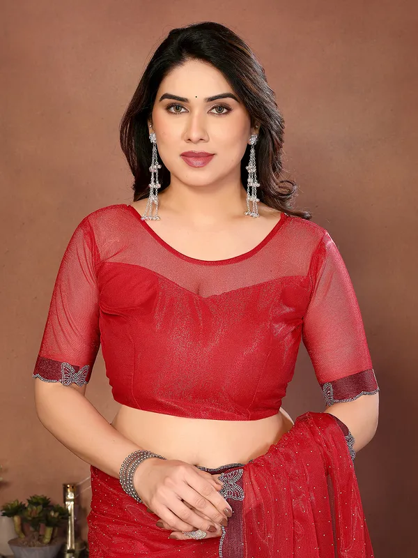 Butterfly_Diamond_Lace_Work_Saree_With_Unstitched_Blouse_Piece_(RED)