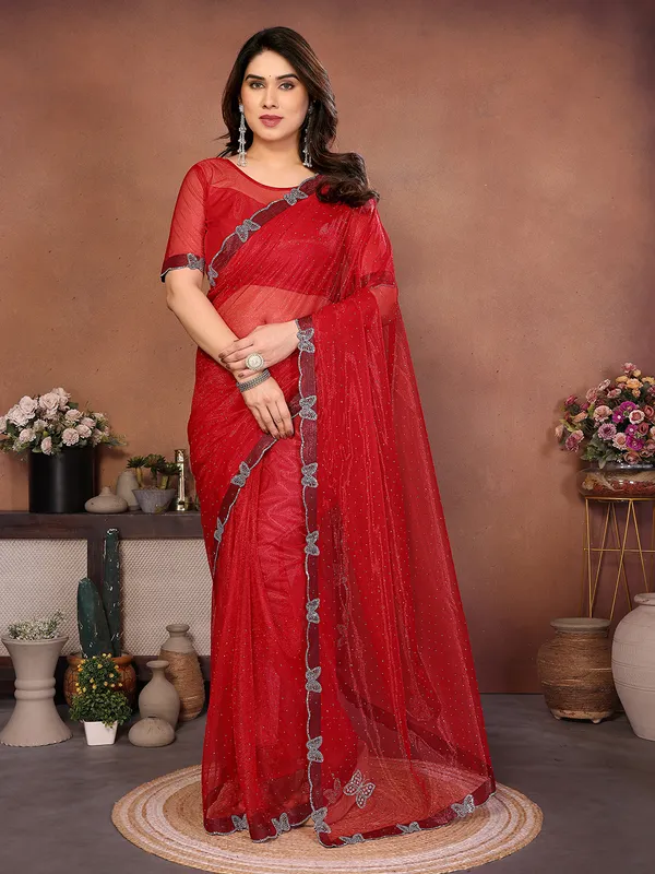Butterfly_Diamond_Lace_Work_Saree_With_Unstitched_Blouse_Piece_(RED)