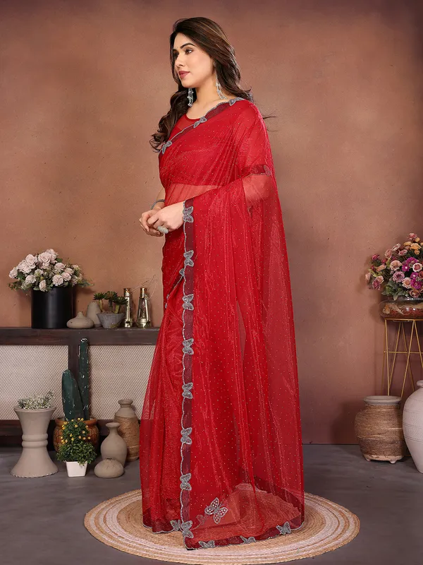 Butterfly_Diamond_Lace_Work_Saree_With_Unstitched_Blouse_Piece_(RED)