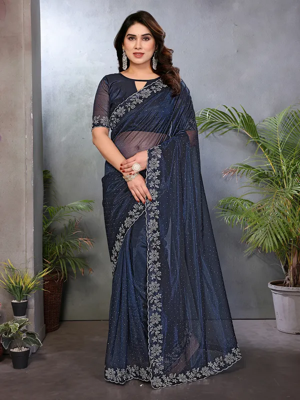 Net_Diamond_Lace_Work_Saree_With_Unstitched_Blouse_Piece_(Blue)