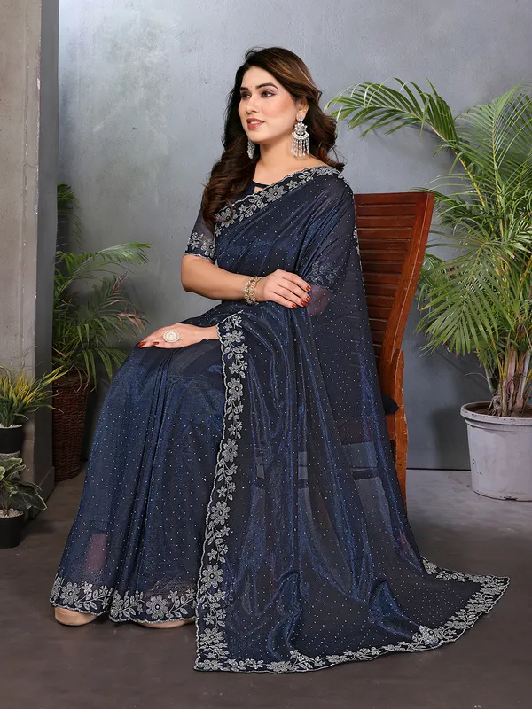 Net_Diamond_Lace_Work_Saree_With_Unstitched_Blouse_Piece_(Blue)