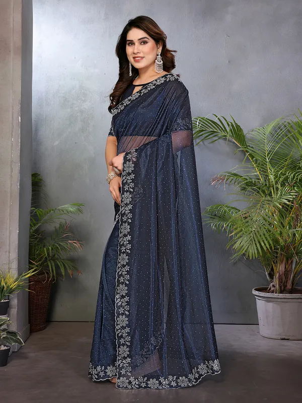 Net_Diamond_Lace_Work_Saree_With_Unstitched_Blouse_Piece_(Blue)