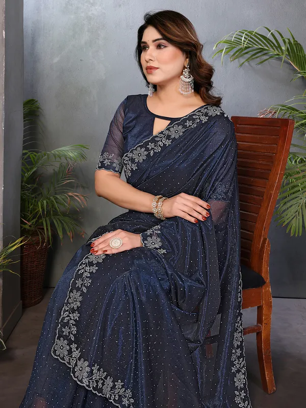 Net_Diamond_Lace_Work_Saree_With_Unstitched_Blouse_Piece_(Blue)