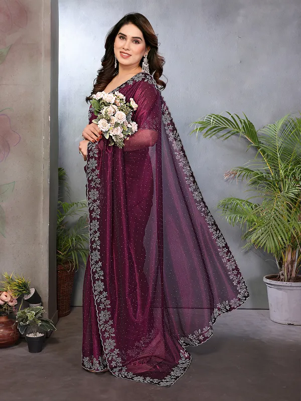 Net_Diamond_Lace_Work_Saree_With_Unstitched_Blouse_Piece_(Wine)