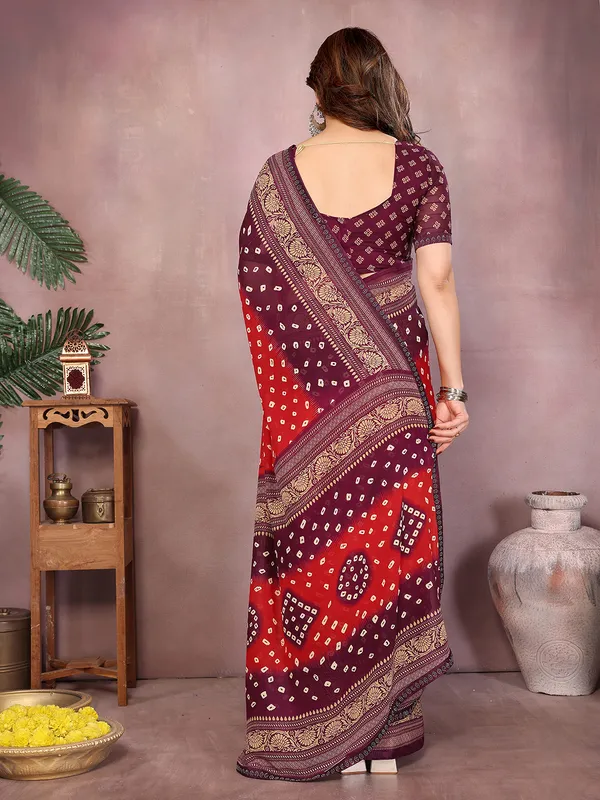 Printed,_Geometric_Print_Bandhani_Georgette_Saree��(Red,_Brown)