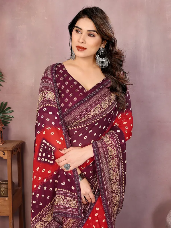 Printed,_Geometric_Print_Bandhani_Georgette_Saree��(Red,_Brown)