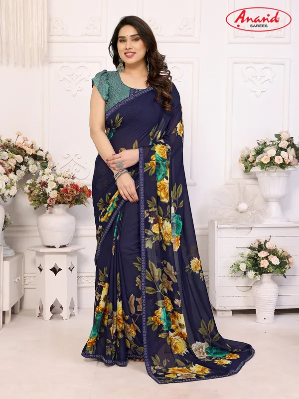 Embellished,_Floral_Print_Bollywood_Georgette_Lace_Border_Dimond_Lace_Border_Saree_(Dark_Blue)