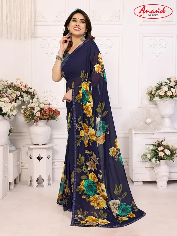 Embellished,_Floral_Print_Bollywood_Georgette_Lace_Border_Dimond_Lace_Border_Saree_(Dark_Blue)