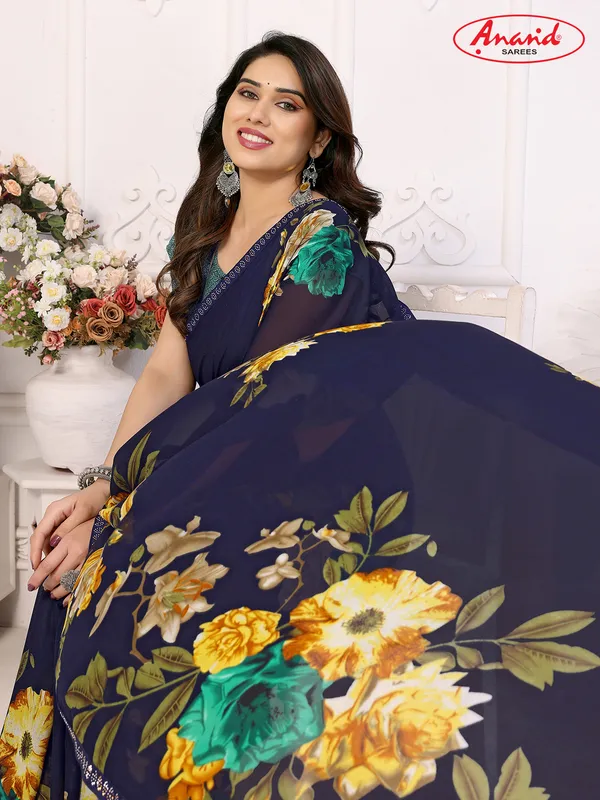 Embellished,_Floral_Print_Bollywood_Georgette_Lace_Border_Dimond_Lace_Border_Saree_(Dark_Blue)