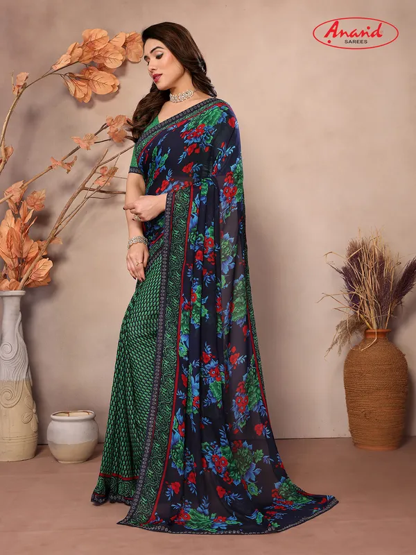Embellished,_Paisley,_Floral_Print_Bollywood_Georgette_Saree_(Dark_Blue,_Green)