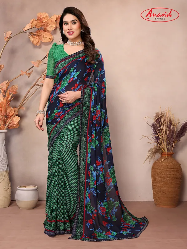Embellished,_Paisley,_Floral_Print_Bollywood_Georgette_Saree_(Dark_Blue,_Green)