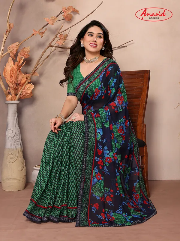 Embellished,_Paisley,_Floral_Print_Bollywood_Georgette_Saree_(Dark_Blue,_Green)