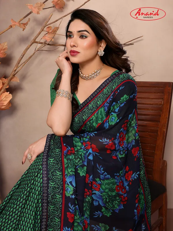 Embellished,_Paisley,_Floral_Print_Bollywood_Georgette_Saree_(Dark_Blue,_Green)