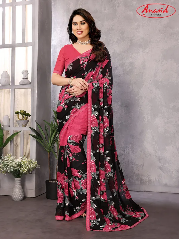 Embellished,_Floral_Print_Bollywood_Georgette_Saree_(Pink,_Black)