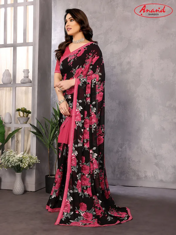 Embellished,_Floral_Print_Bollywood_Georgette_Saree_(Pink,_Black)
