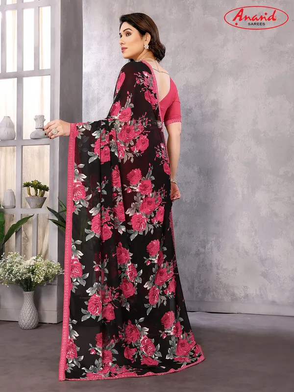 Embellished,_Floral_Print_Bollywood_Georgette_Saree_(Pink,_Black)
