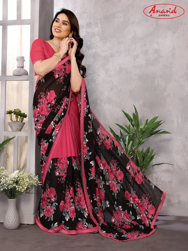 Embellished,_Floral_Print_Bollywood_Georgette_Saree_(Pink,_Black)