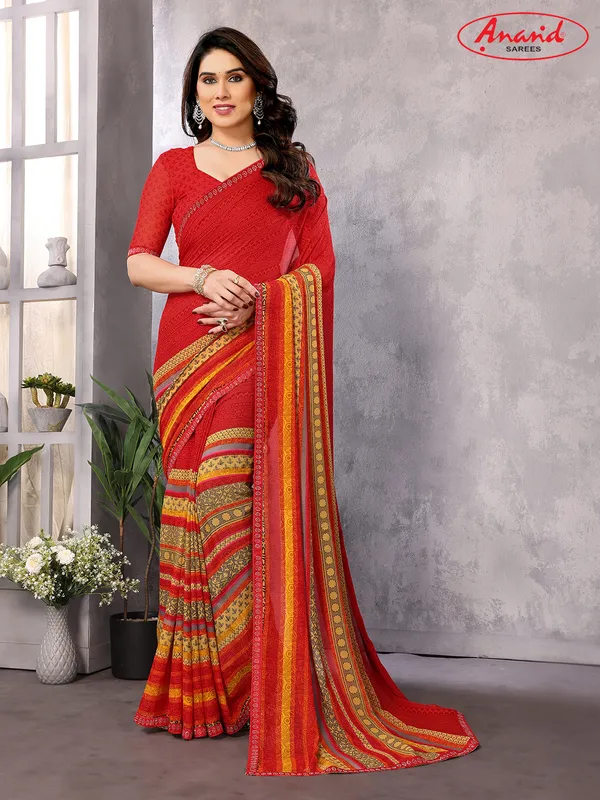 Embellished,_Paisley,_Geometric_Print_Bollywood_Georgette_Saree_(Red,_Pink,_Yellow)