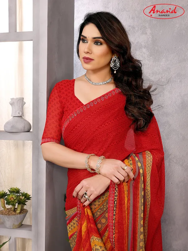 Embellished,_Paisley,_Geometric_Print_Bollywood_Georgette_Saree_(Red,_Pink,_Yellow)