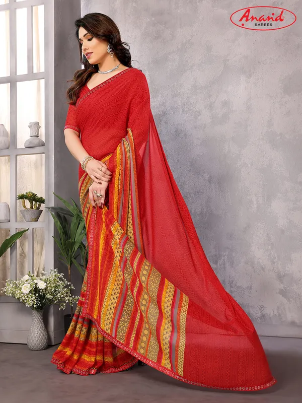 Embellished,_Paisley,_Geometric_Print_Bollywood_Georgette_Saree_(Red,_Pink,_Yellow)