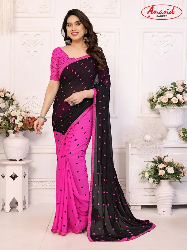 Embellished,_Polka_Print_Bollywood_Georgette_Lace_Border_Dimond_Lace_Border_Saree_(Pink,_Black)