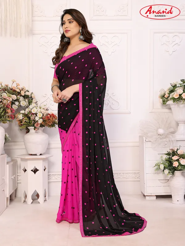 Embellished,_Polka_Print_Bollywood_Georgette_Lace_Border_Dimond_Lace_Border_Saree_(Pink,_Black)