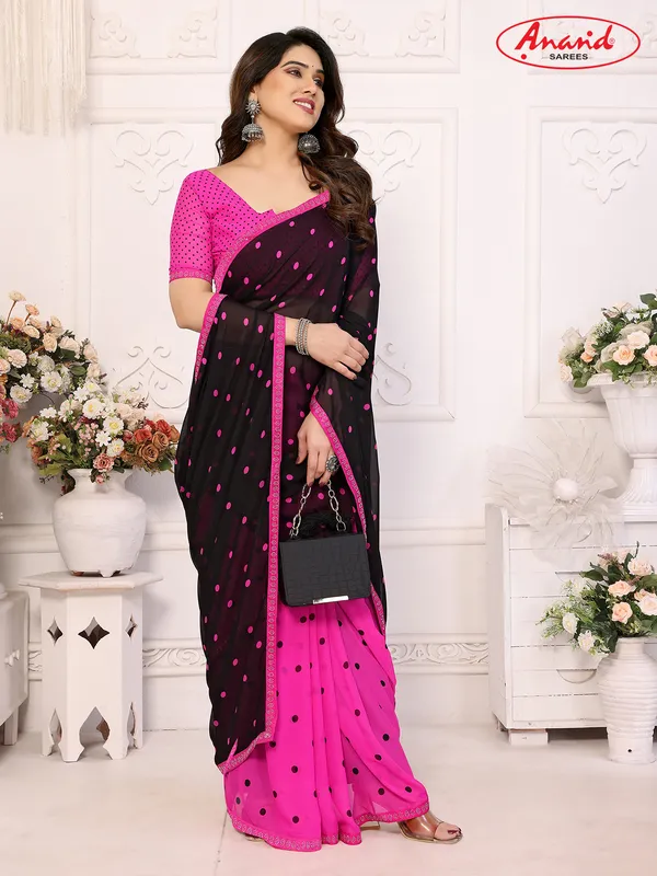 Embellished,_Polka_Print_Bollywood_Georgette_Lace_Border_Dimond_Lace_Border_Saree_(Pink,_Black)