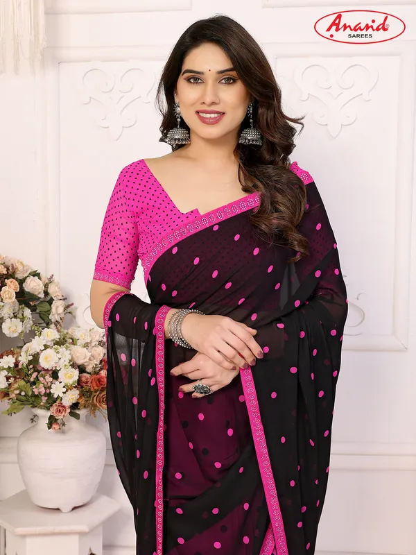 Embellished,_Polka_Print_Bollywood_Georgette_Lace_Border_Dimond_Lace_Border_Saree_(Pink,_Black)