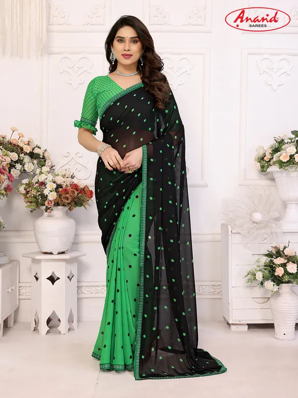 Embellished,_Polka_Print_Bollywood_Georgette_Lace_Border_Dimond_Lace_Border_Saree_(Green,_Black)