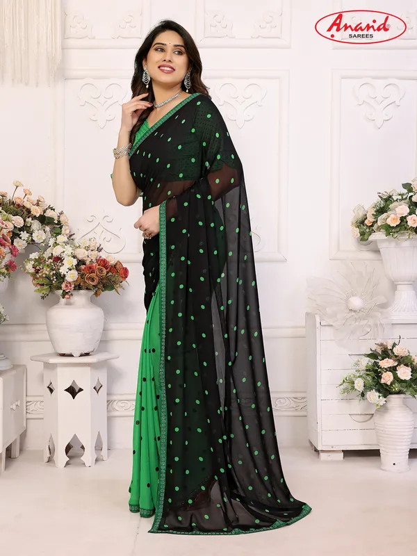 Embellished,_Polka_Print_Bollywood_Georgette_Lace_Border_Dimond_Lace_Border_Saree_(Green,_Black)